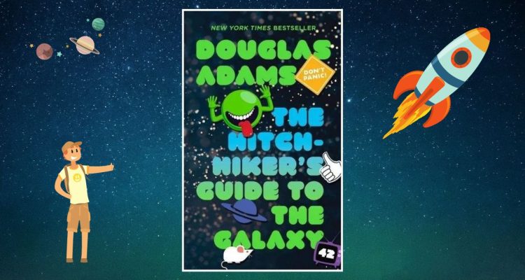 The Hitchhiker's Guide to the Galaxy cover by Douglas Adams, green alien with its tongue out in front of a starry sky.