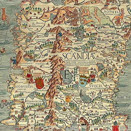 A colorful map with pictures of cities, people, and monsters in the water. It serves as a way to describe what the writer Olaus Magnus claimed to be lurking in the water.