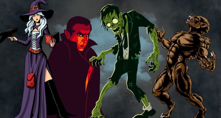 withc, vampire, zombie, and a werewolf on a dark and smoky background