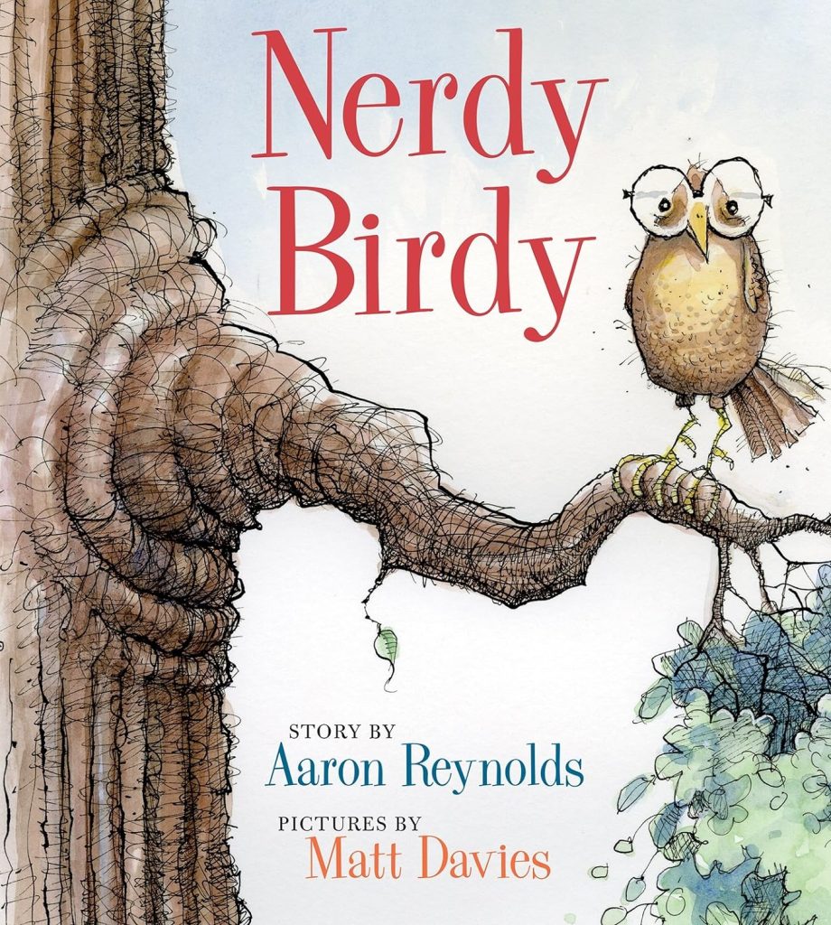 Nerdy Birdy cover with a bird wearing glasses that is sitting on a tree branch.