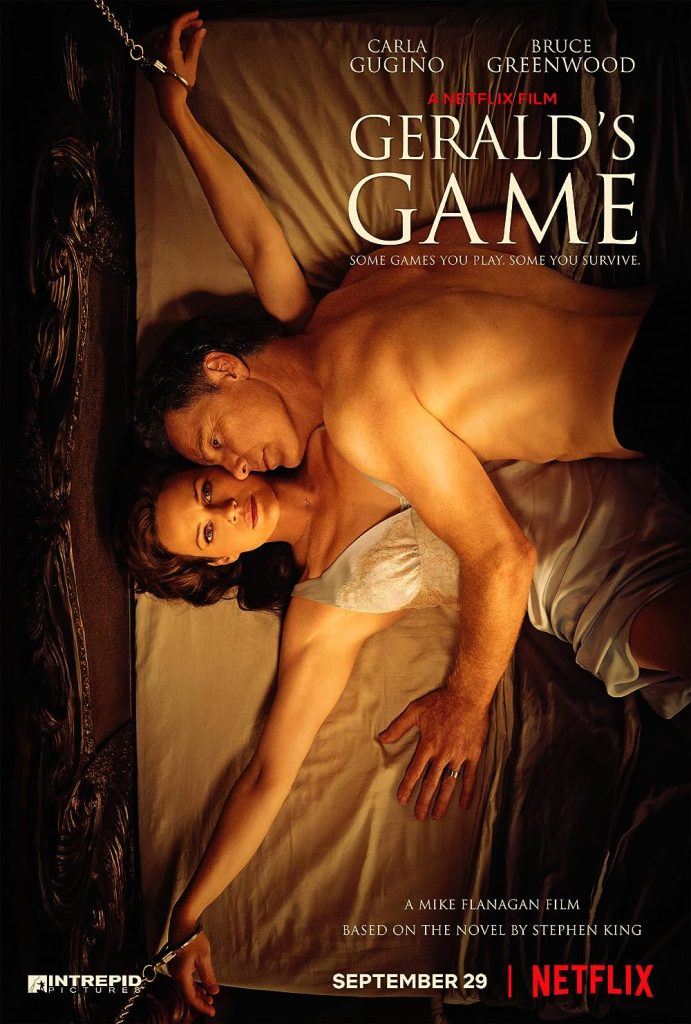Gerald's Game movie poster, Jessie handcuffed to the bed with Gerald's body laying on top of her.