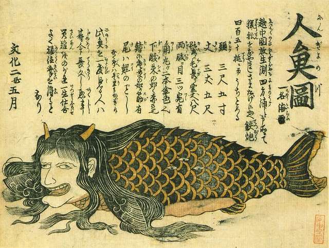 A depiction of a fish woman with horns. An image that can be seen as grotesque to show creature.