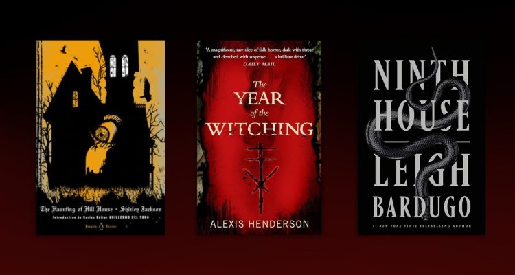 The covers for "The Haunting of Hill House," "The Year of the Witching," and "Ninth House" against a dark red ombre background.