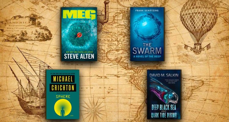 Meg cover by Steve Alten, The Swarm cover by Frank Schatzing, Sphere cover by Michael Crichton, and Deep Black Sea cover by David M. Salkin over a weathered map.