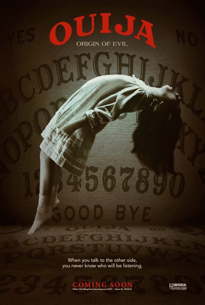 Ouija: Origin of Evil movie poster, young girl in a white nightgown levitating with a bent back and her mouth hanging open. 