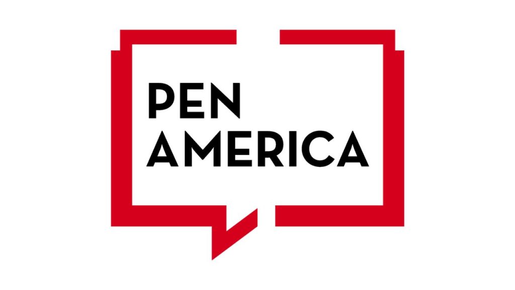 Pen America logo, boxy red speech bubble with black "Pen America" written within.