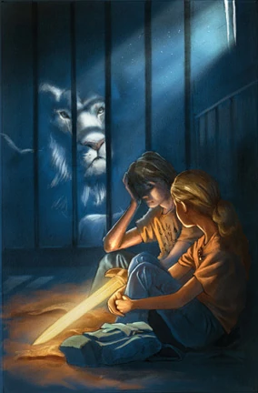 Percy with black hair and Annabeth with blonde hair, both wearing orange shirts and jeans in the back of a truck next to a cage with a lion inside.