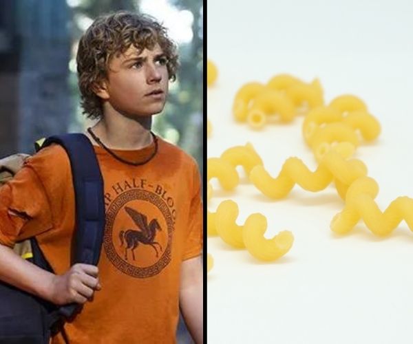 Percy Jackson with blonde hair and an orange t-shirt on the left and cavatappi pasta on the right.
