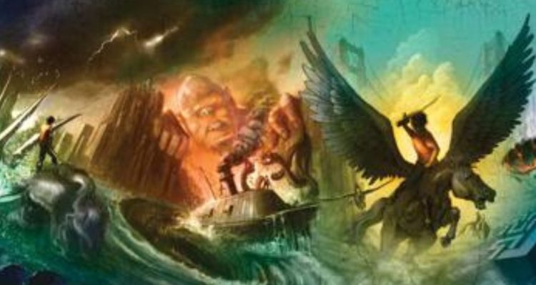 Percy Jackson books covers with a cyclops, Percy Jackson riding a pegasus, and Percy Jackson on a sinking statue in the waves.