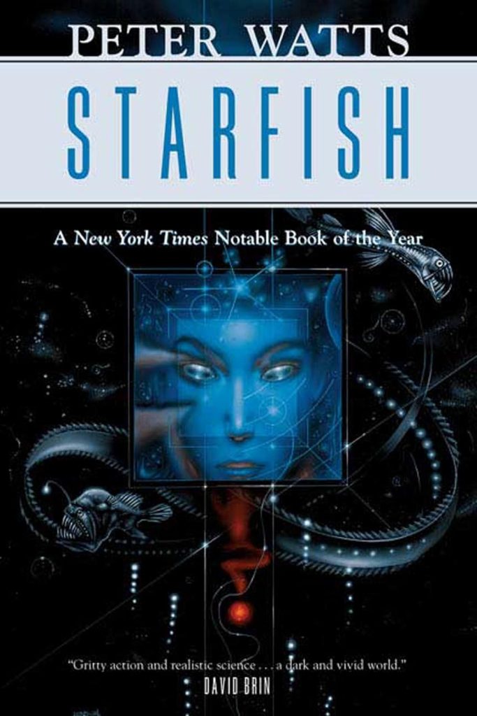 Starfish cover by Peter Watts, blue humanoid face in front of snake-like black fish with sharp teeth. 