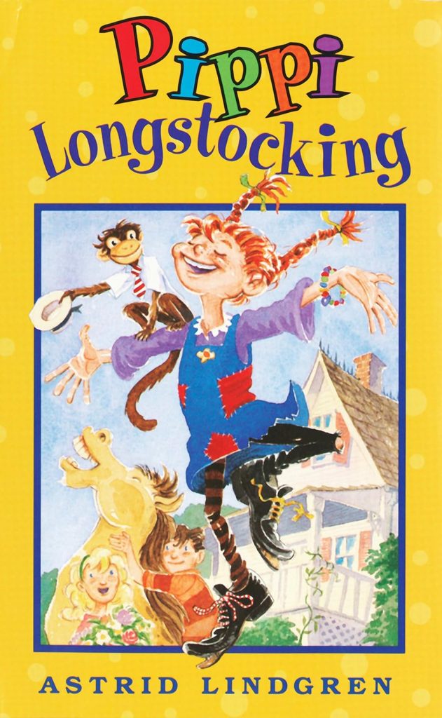 Pippi Longstocking cover with a little girl with red pigtails surrounded by a horse, monkey, and two other little kids.