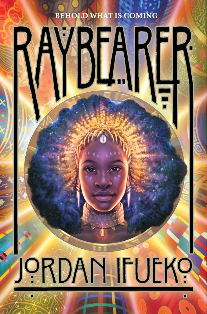 Raybearer cover with psychedelic colors and a dark-skinned person on the front with markings on their face. 