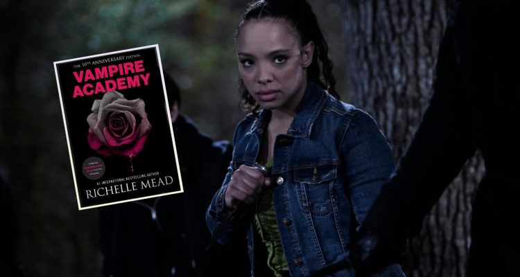 Rose Hathaway from TV show Vampire Academy wearing a blue jean jacket and a green shirt next to the cover of the YA book Vampire Academy with a rose on the front.