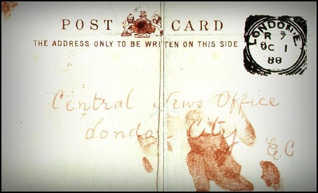 Frontside of the "Saucy Jacky" postcard. Addressed to the Central News Office. Bloodstains dot the front.