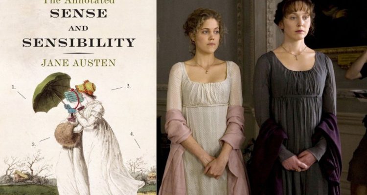 'Sense and Sensibility' annotated book cover showing Elinor and Marianne walking outside. On the right is a scene from the 2008 mini-series 'Sense and Sensibility' with Elinor and Marianne standing next to each other