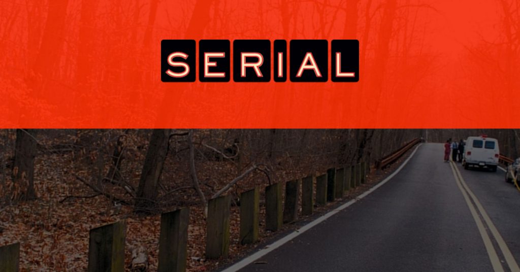 Serial podcast cover art, two-lane road during fall with red and black serial logo.