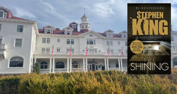 The Stanley Hotel with the cover of Stephen King's The Shining on the right side.