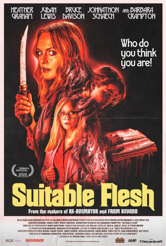 Movie poster for Suitable Flesh with red-tinted images of three characters in front of a black background and with the title in bold yellow letters.