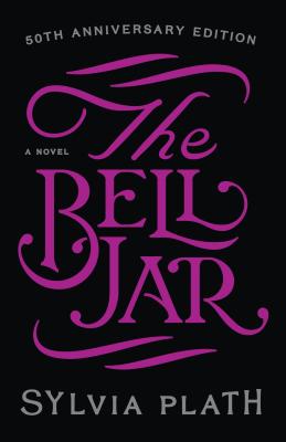 'The Bell Jar' by Sylvia Plath 50th anniversary edition book cover with a black background and the title written in loopy, pink font