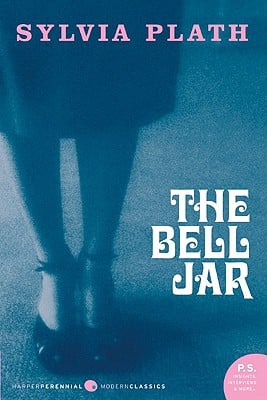 'The Bell Jar' by Sylvia Plath book cover showing a woman's legs and feet with a static background