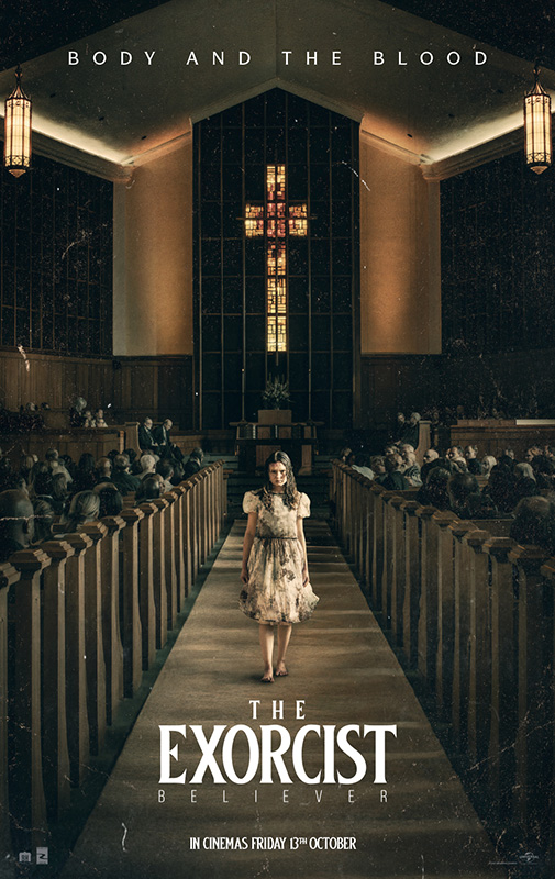 Movie poster for The Exorcist: Believer which displays a young girl in a muddy dress and bare feet walking down the aisle at a church between pews with visitors on either side of her in front of a cross at the altar of the church.
