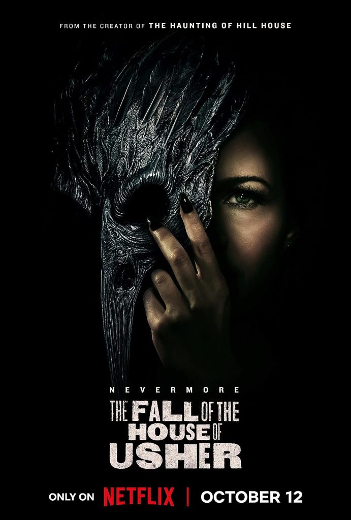 The Fall of the House of Usher poster, woman in shadows holding a bird mask in front of half her face.