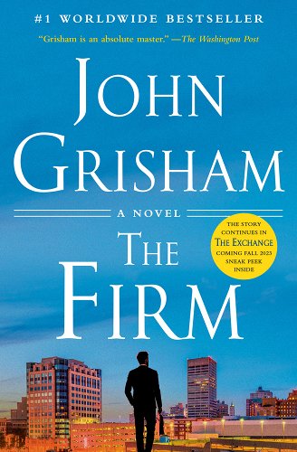 The Firm cover by John Grisham with a blue background and a man in a suit walking toward a skyline with many skyscrapers.