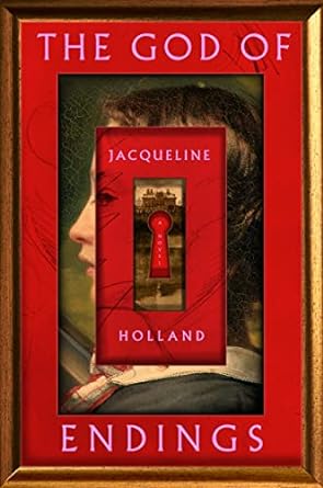 The God of Endings by Jacqueline Holland book cover featuring a side portrait of a woman beneath a red keyhole.