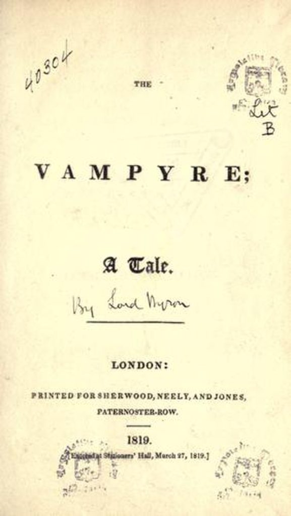 Title page of "The Vampyre" with publishing details. Black text against a white page.