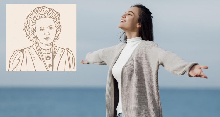 Woman with open arms and closed eyes stands by the ocean, indicating freedom, along with a caricature of what seems to be the protagonist in author Charlottle Perkins Gilman's The Yellow Wallpaper