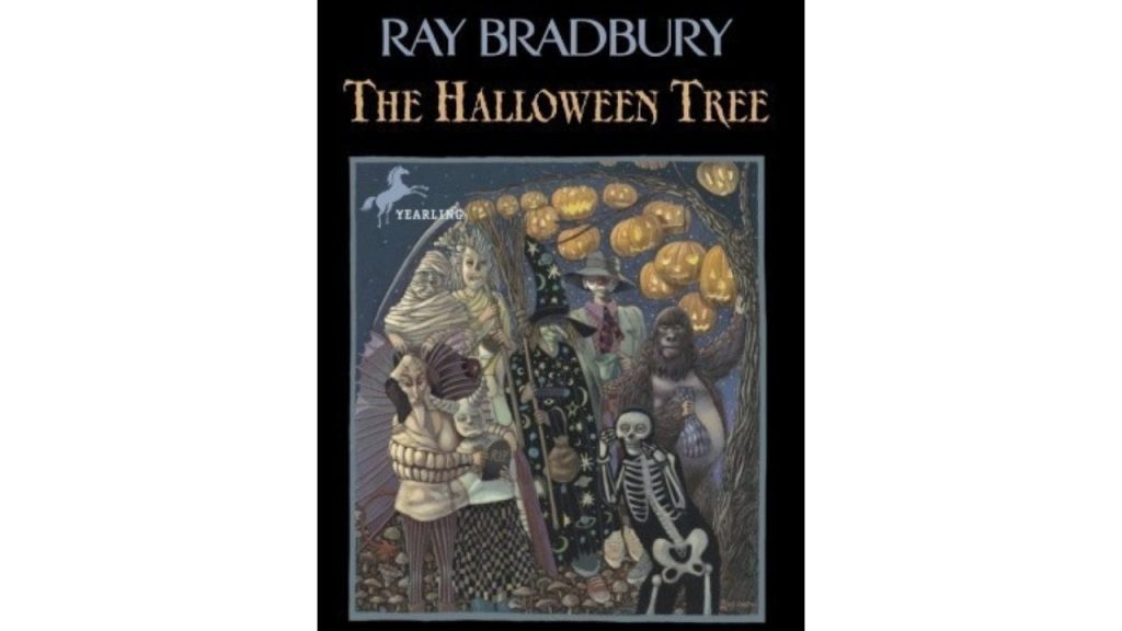 The Halloween tree Cover by Ray BradBury, showing various boys in halloween costumes that, from afar, create a creepy skeleton. 