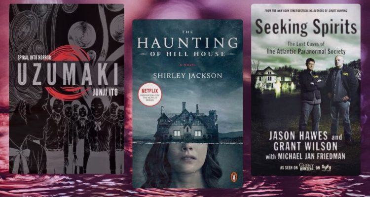 Three book covers for three different horror novels. Uzumaki, The Haunting of Hill House, and Seeking Spirits. They are set against red, watery background, creating an atmosphere of suspense.