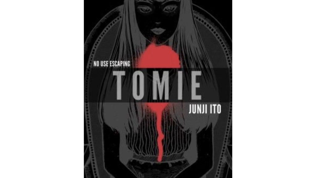 Tomie book cover by Junji Ito, showing a black and white girl with blood coming out of her neck.