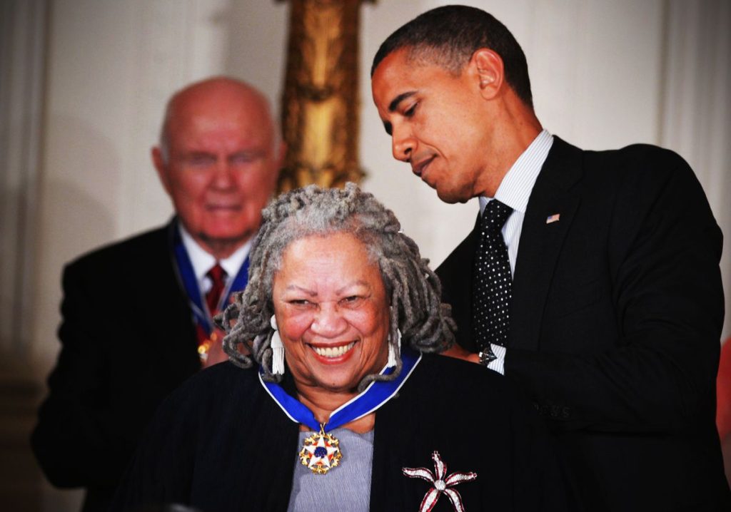 Toni Morrison being awarded the Presidential Medal of Freedom by Barack Obama.