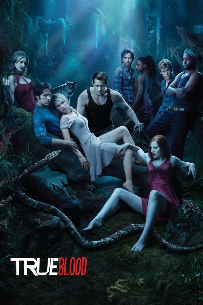 True Blood TV series poster, Sookie laying on a log in a forest surrounded by vampires and werewolves.