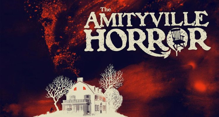 1979 The Amityville Horror film poster, mans face breaks into pieces and floats away into a red sky the background of the Amityville house.