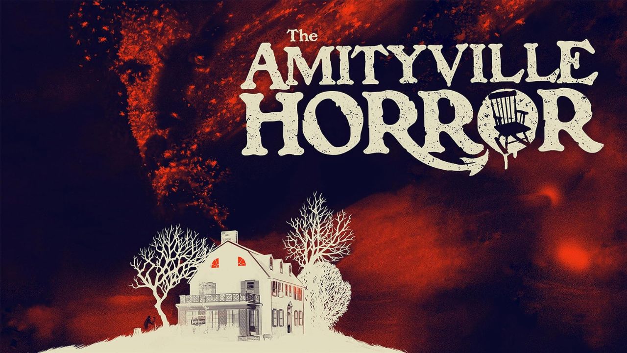 1979 The Amityville Horror film poster, mans face breaks into pieces and floats away into a red sky the background of the Amityville house.