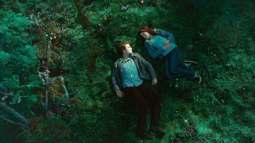 Bella Swan and Edward Cullen laying in a meadow in the Twilight movie adaptation of the same name.