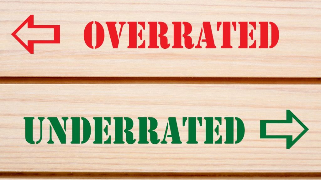 Sign that reads "overrated" with a left-facing arrow and "underrated" with a right-facing arrow.