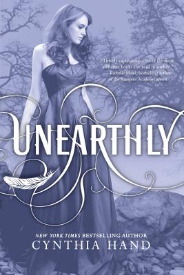 'Unearthly' by Cynthia hand book cover showing a woman walking in a forest with a purple tint