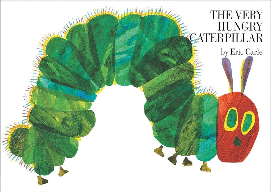 The Very Hungry Caterpillar cover with a green and red caterpillar on the front.