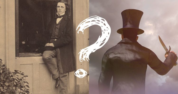 Lewis Carroll sitting in a window and Jack the Ripper wearing a long coat and a top hat and wielding a knife with a white question mark in between.