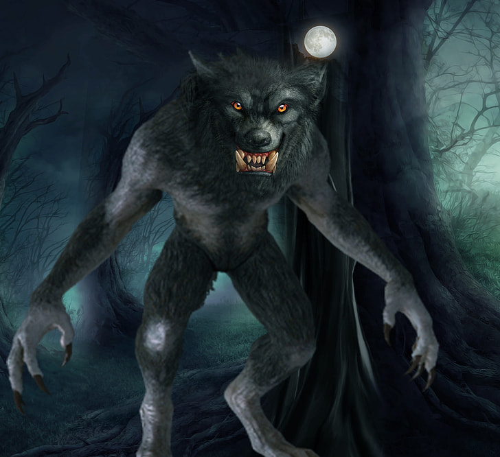 A werewolf stands under a full moon in a forest. He is hairy and menacing, with claws and long fangs, and he stands upright on two legs.