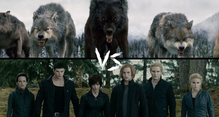 Black wolf pack and Cullen vampire family from Twilight by Stephenie Meyer facing off.