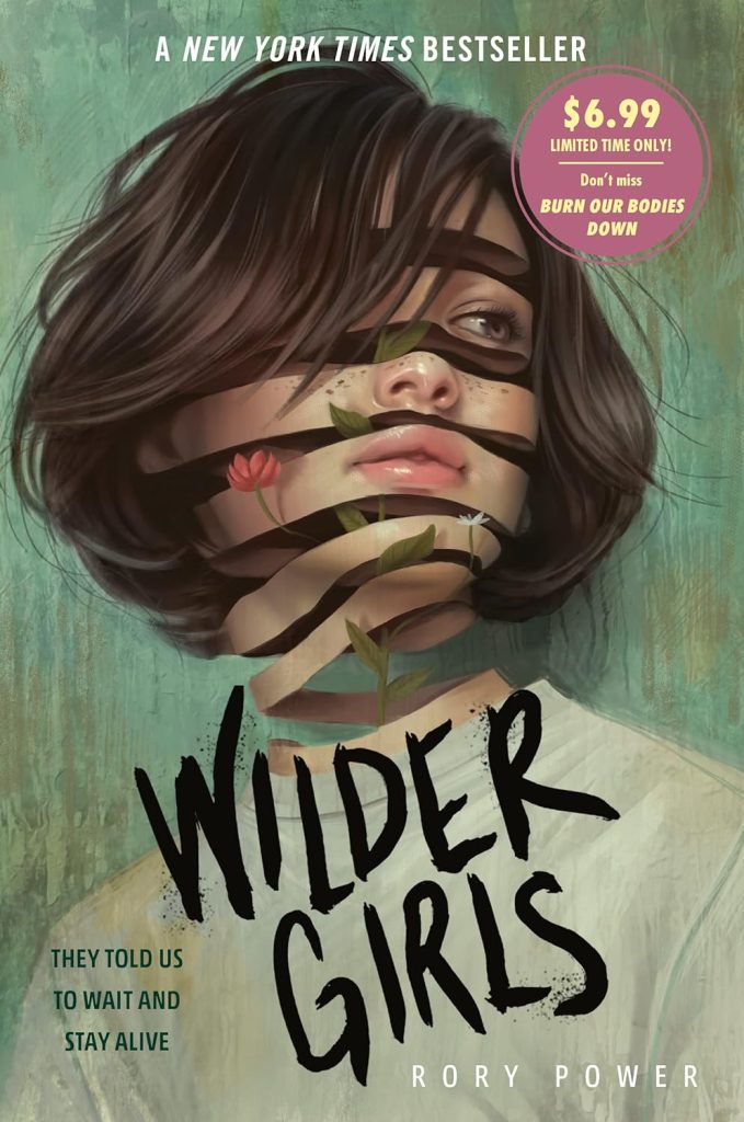 Wilder Girls cover with a brunette in a white shirt with a flower coming out of her.