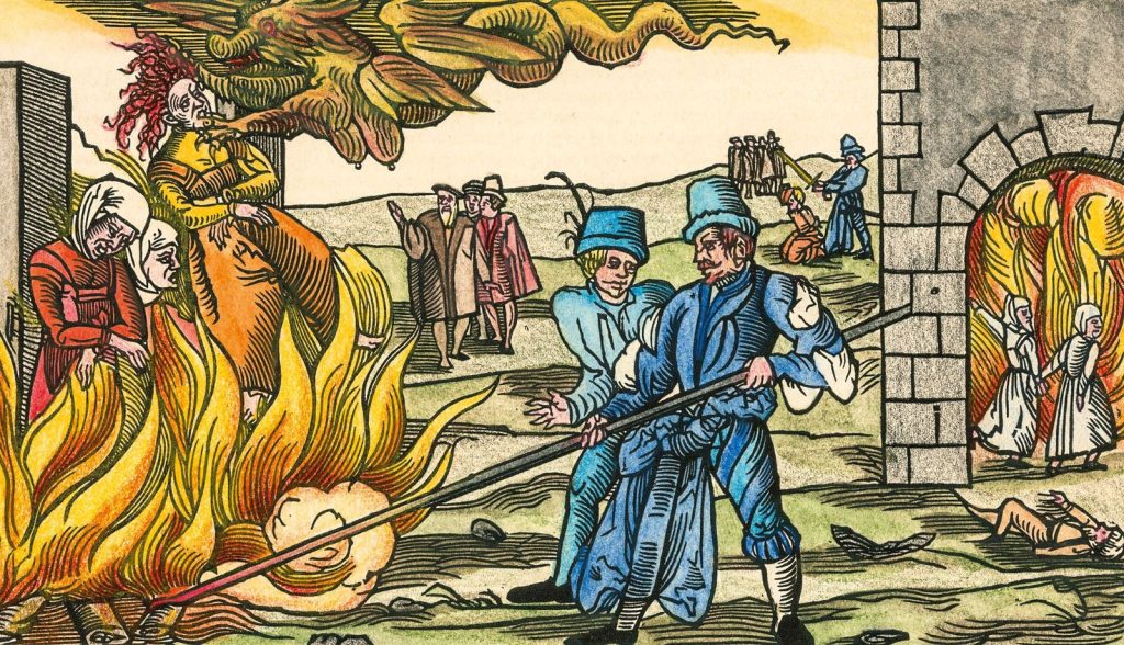 Colorful drawing of witch hunt in Europe; two people burn three witches at the stake in front of a church