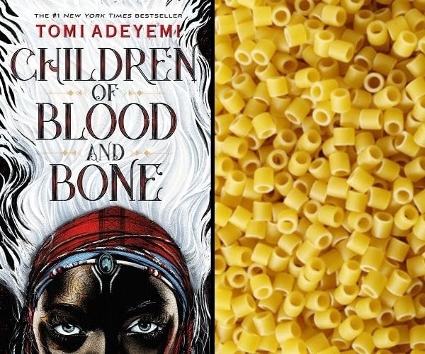 Children of Blood and Bone cover on the left and ditalini pasta on the right.