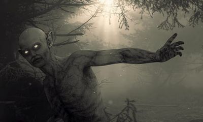 A zombie creature set in a grayish, washed-out wasteland. It looks menacing, with glowing eyes and claws, gaunt body and hairless.