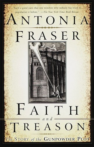 "Faith and Treason" by Antonia Fraser book cover, white background with black text and a cutout showing a figure with a lamp pointing towards the sky