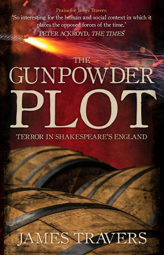 "The Gunpowder Plot" by James Travers book cover, red background with white text, gunpowder barrels line the bottom as a fuse burns to the left side